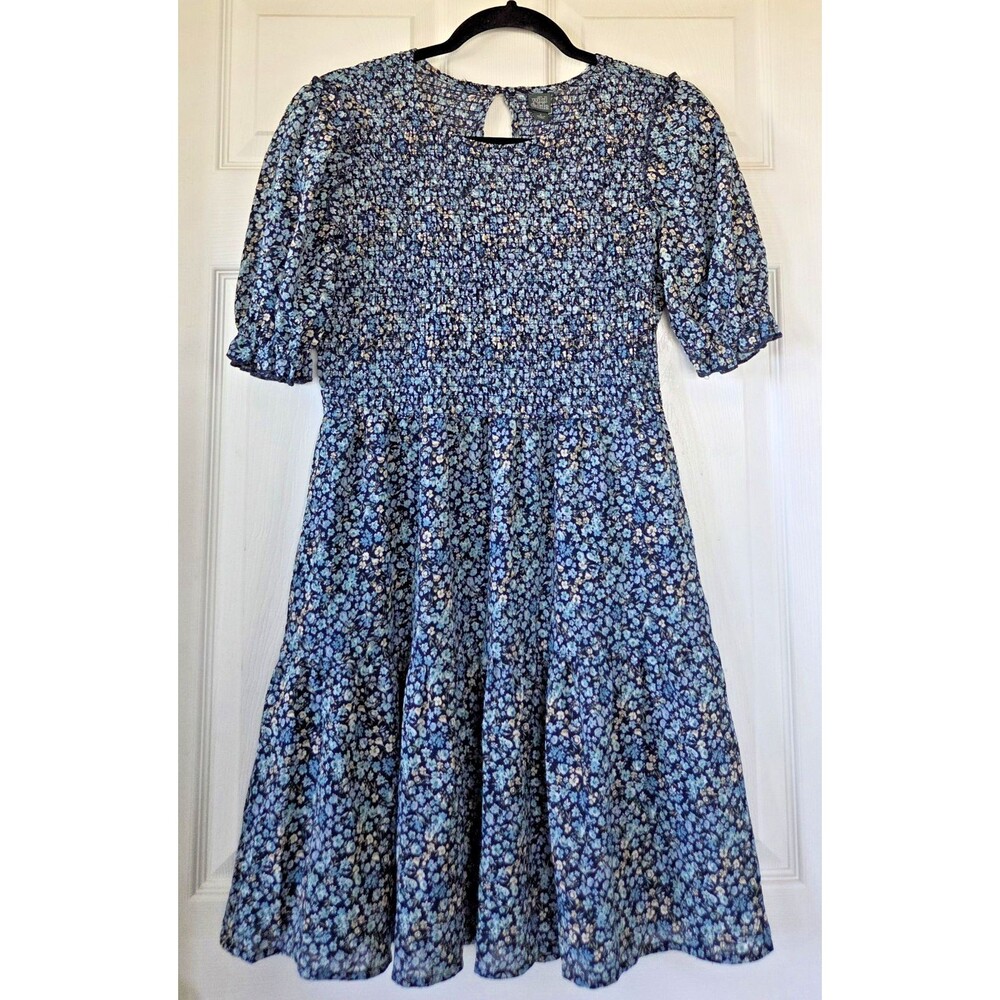 WILD FABLE Blue Ditsy Floral Smocked Tiered Mini Dress Boho Cottagecore Size S